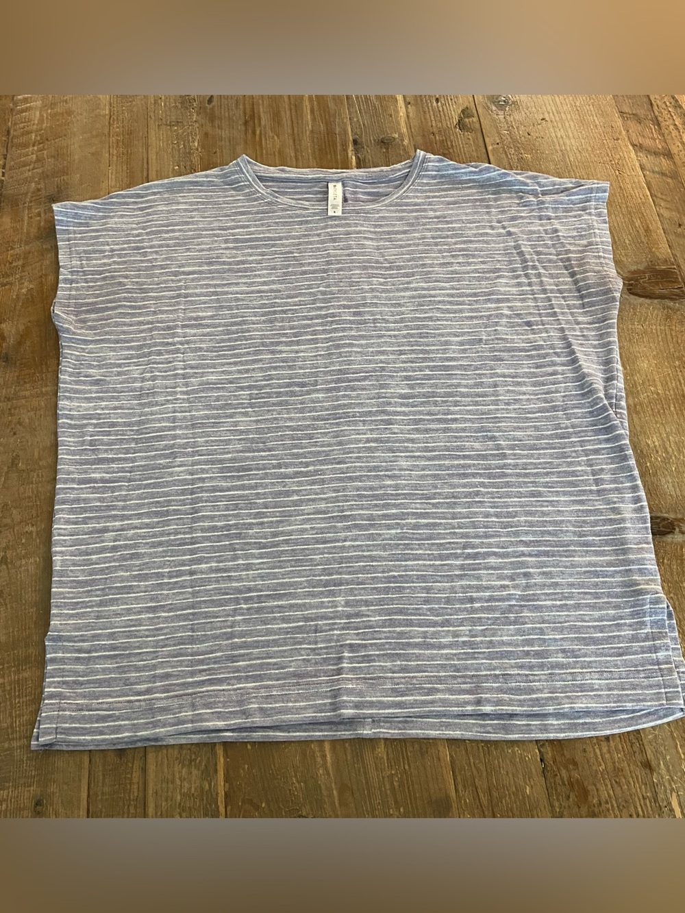 ATHLETA Shirt Light Blue Gray Striped Crew Neck Shirt Small